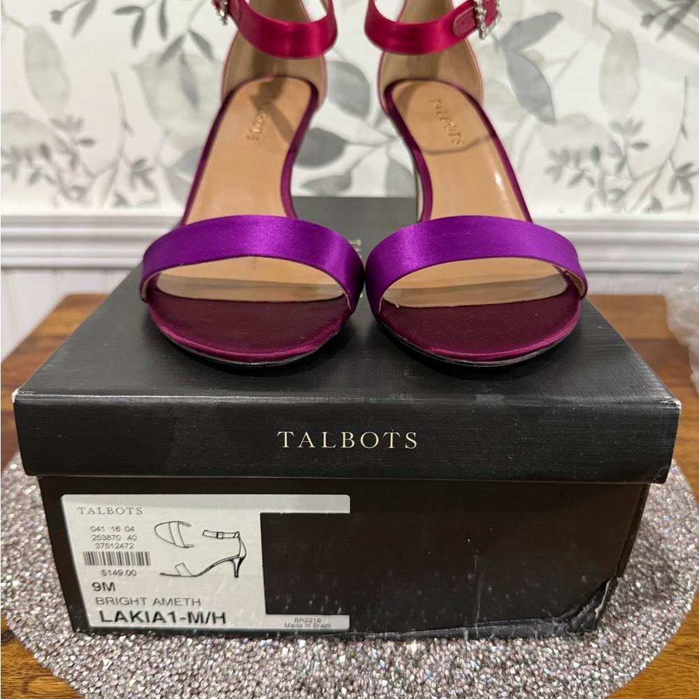 Talbots Purple Heels with Rhinestone Ankle Buckle and Open Toe. Size 9